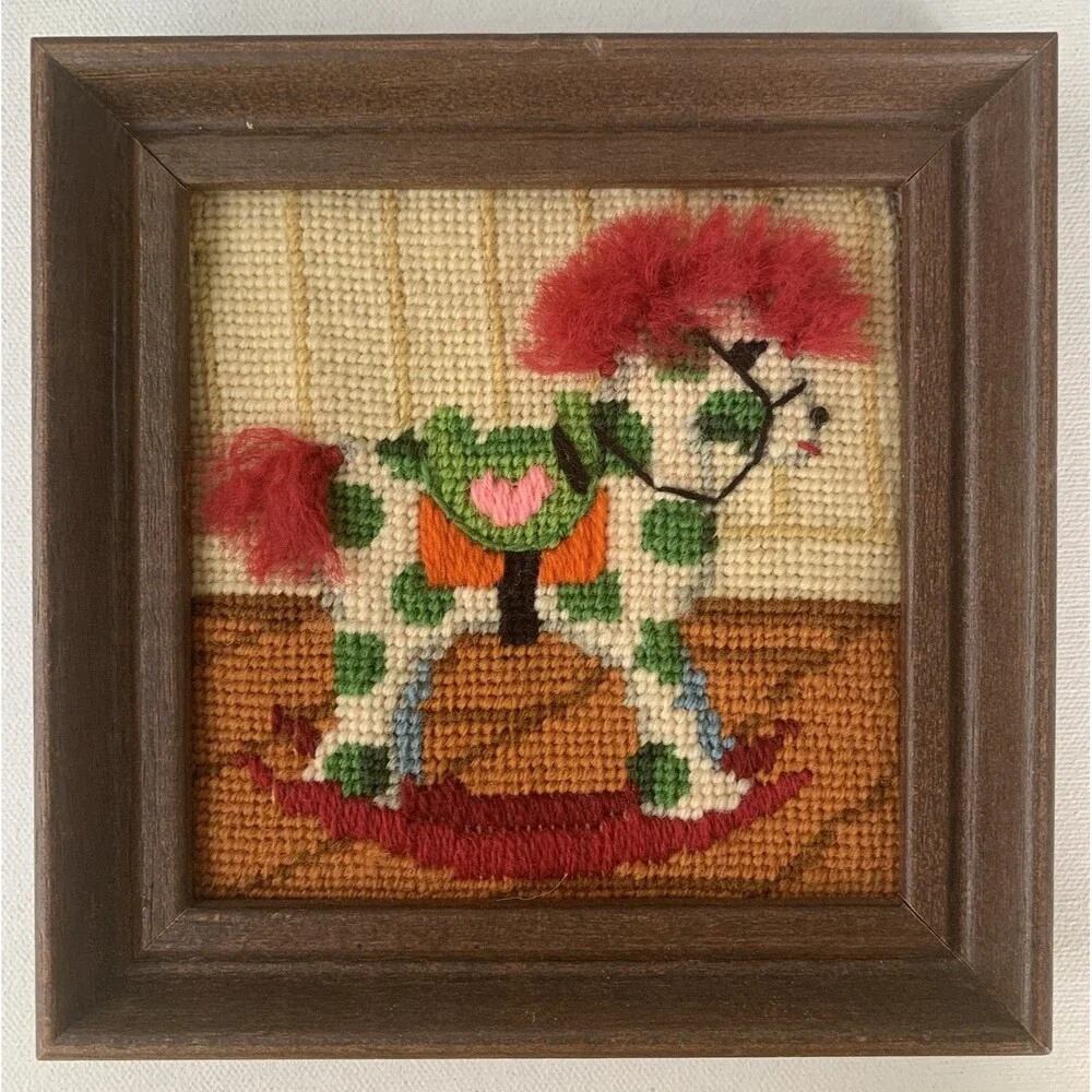Vintage  Framed Needlepoint Rocking Horse Baby Decor Nursery Child 6.25” X 6.25”